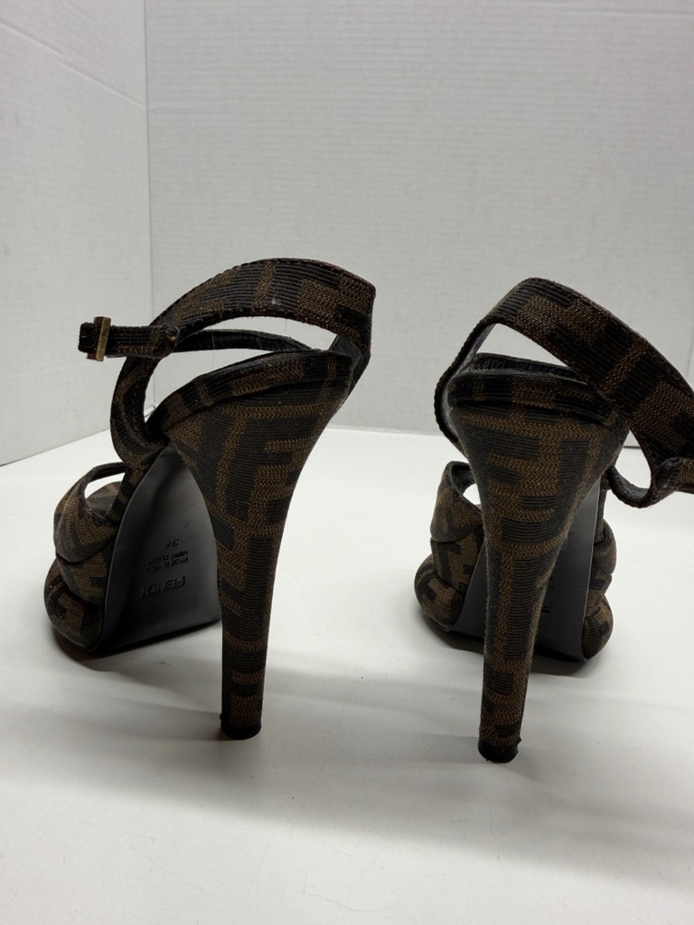 Fendi Zucca Platform High Heels Peep Toe Pointed Ankle Strap Stiletto Tobacco 36 - Picture 5 of 12